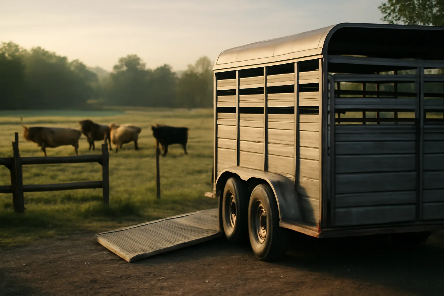 Livestock trailer at Alabama farm loading ramp