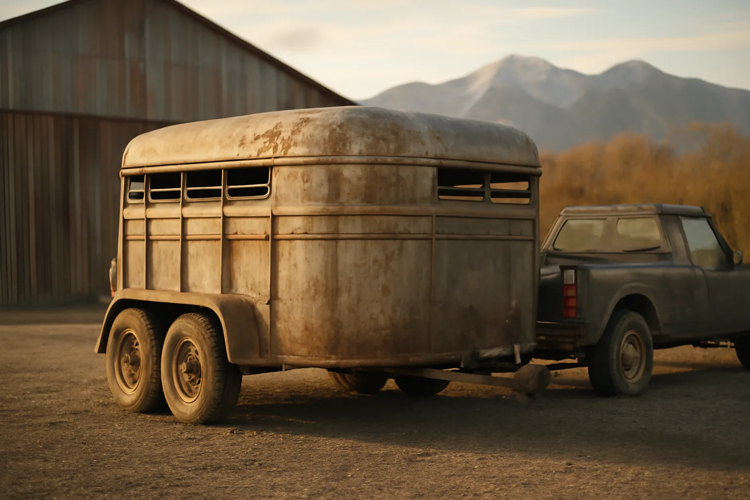 Livestock trailer and pickup at an Alaska farmyard, late afternoon light on gravel