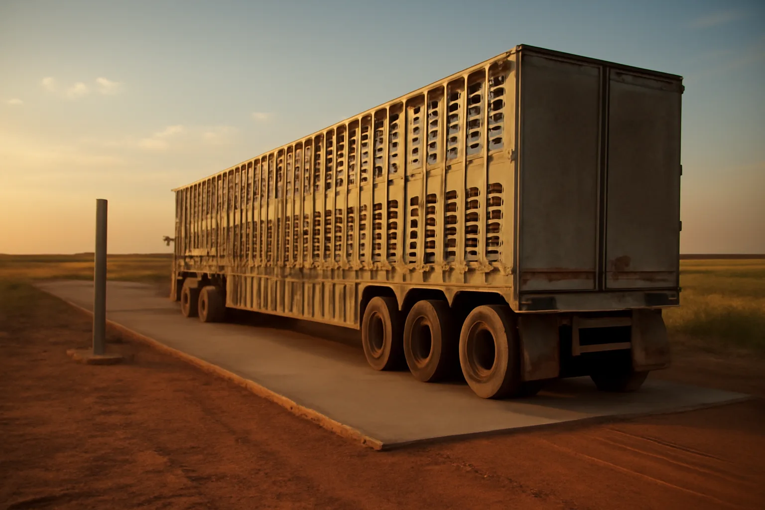 Cattle trailer at a Texas weigh station at golden hour, livestock hauler renewal context