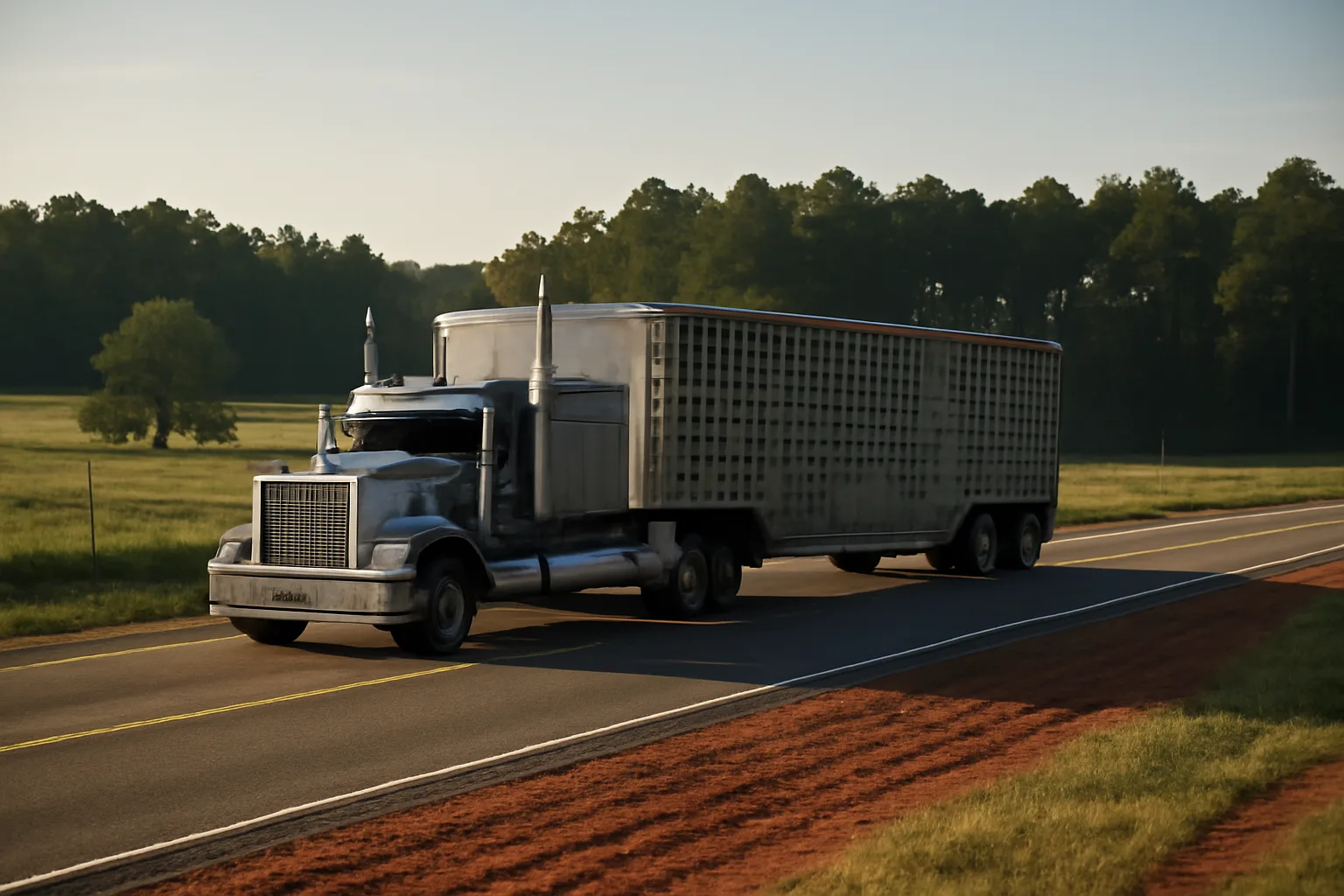 Livestock hauler truck on Alabama rural highway with cattle trailer