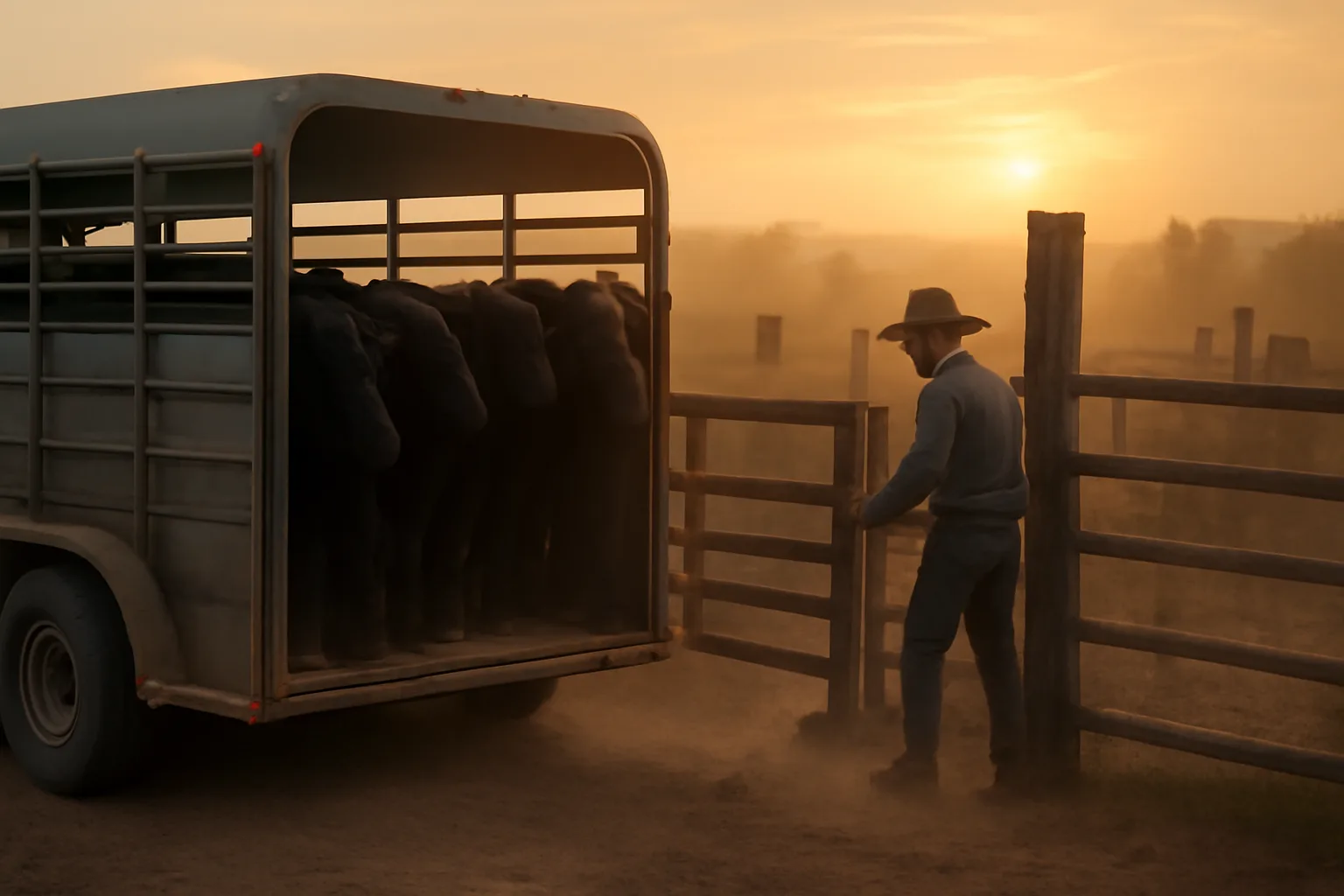 Cattle trailer near Willcox, Arizona at dawn with livestock hauler truck