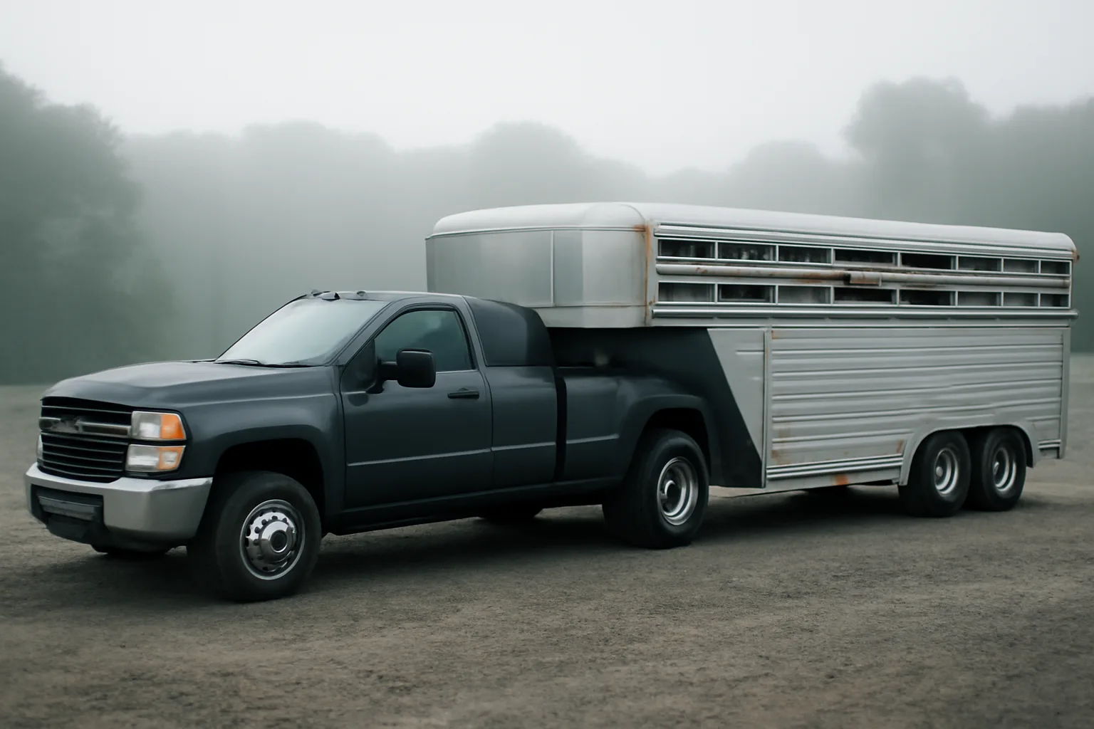 Cattle sale barn lot with stock trailer and pickup in Arkansas