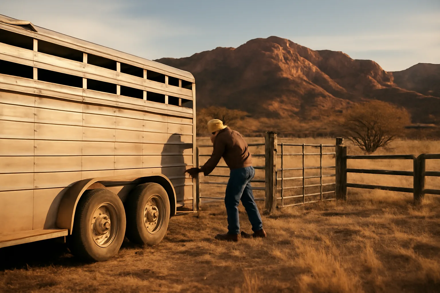 Stock trailer at a Colorado ranch gate with red rock foothills at golden hour