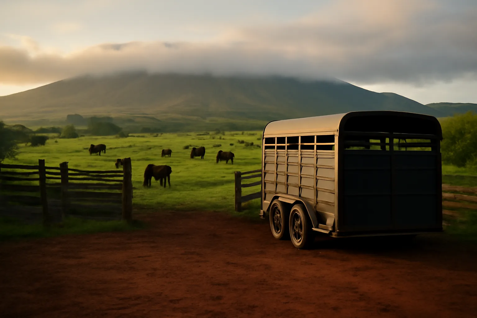 Unmarked livestock trailer by wooden corrals on a Hawaii ranch