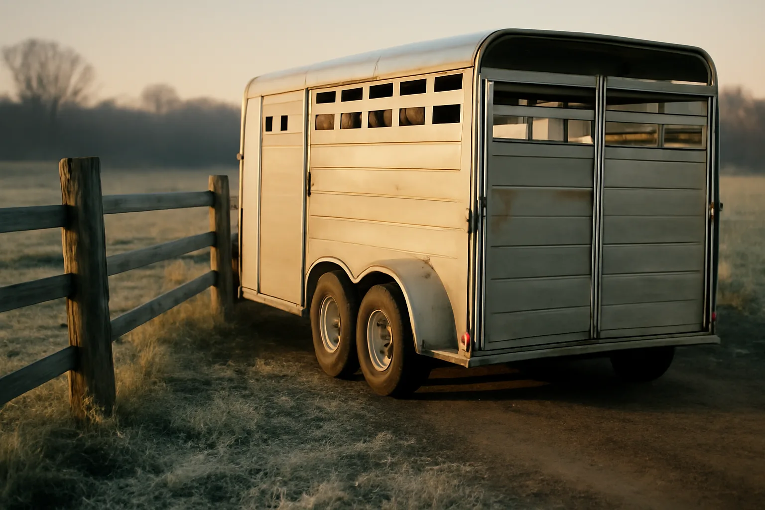 Unlettered stock trailer at dawn on a Delaware farm lane