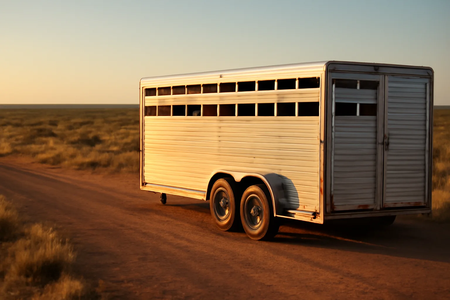 Aluminum livestock trailer on a Texas ranch road at golden hour with cattle inside