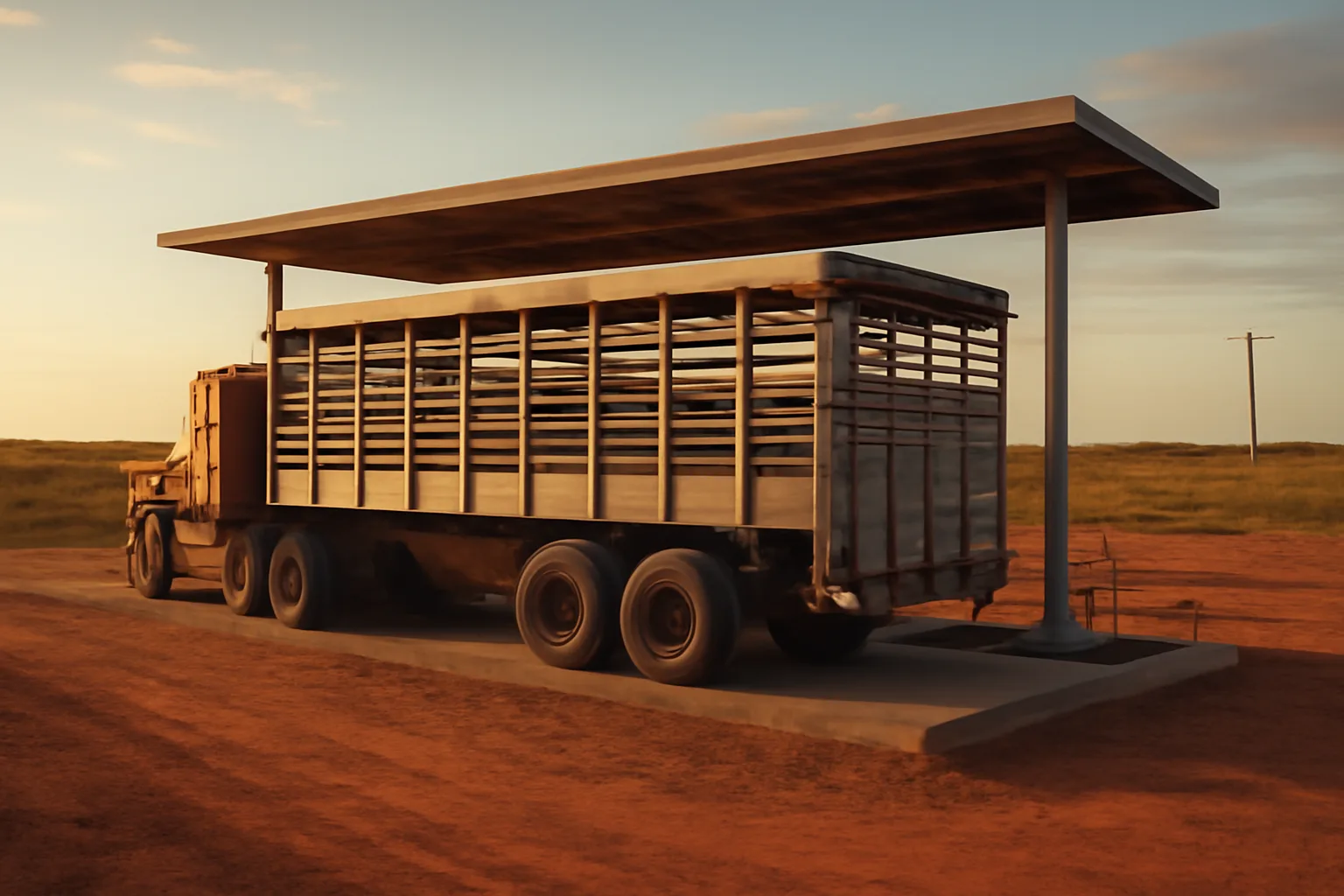 Loaded cattle trailer at a Texas weigh station at golden hour