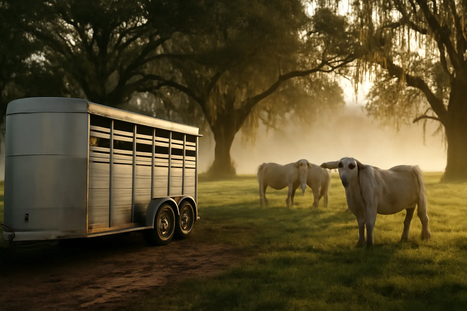 Stock trailer and cattle under live oaks in Florida