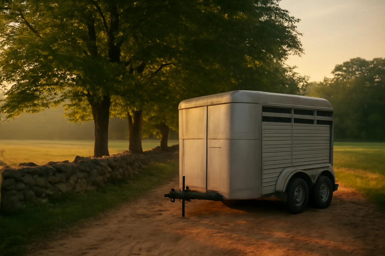 Unlettered stock trailer beside a Connecticut pasture wall
