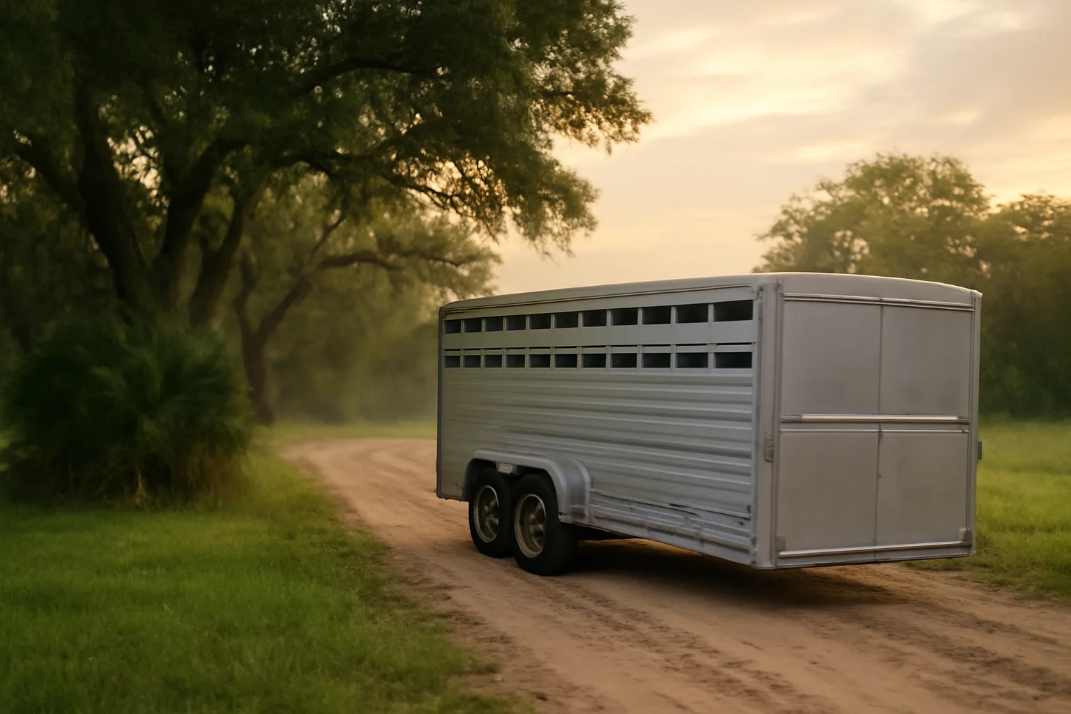 Unmarked livestock hauler trailer at dawn on a Florida ranch road