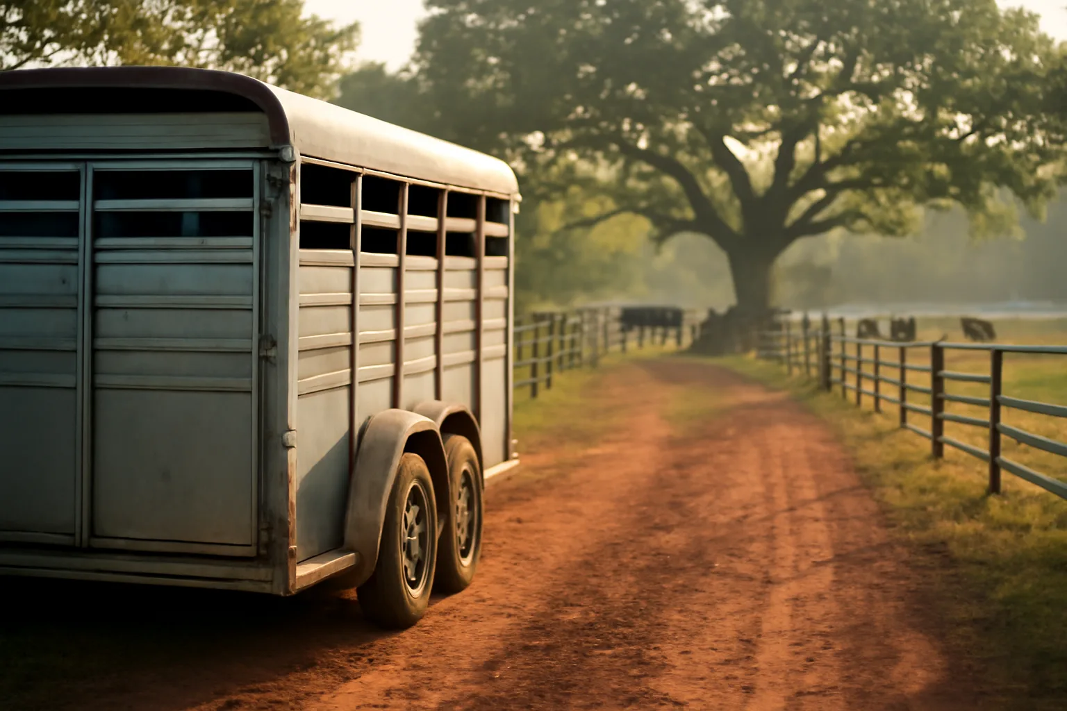 Livestock hauler trailer parked on a Georgia farm at sunrise