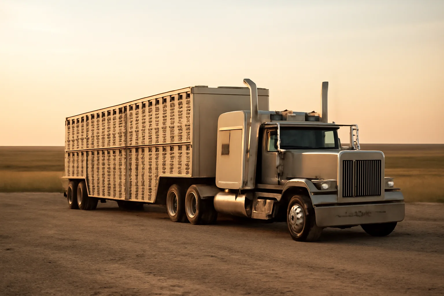Livestock hauler semi-truck and trailer on a South Dakota ranch at golden hour